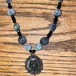 Handmade Bronze, black crystal, & Iridescent shell